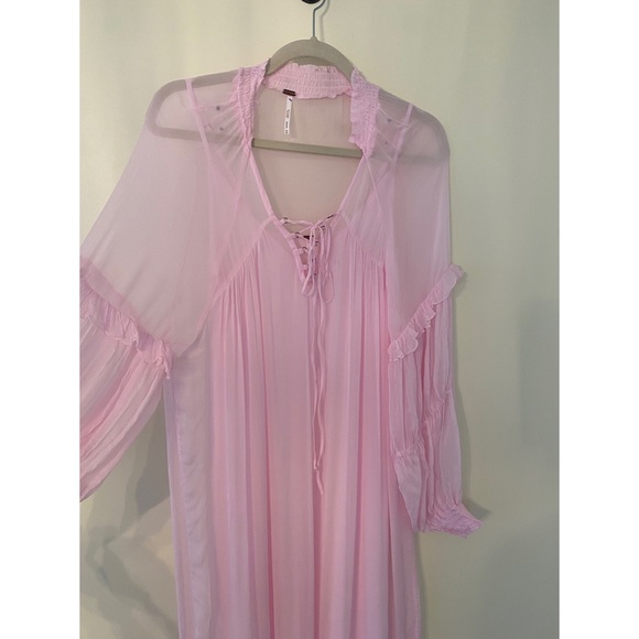 $198 FREE PEOPLE BLOUSON MIDI DRESS NEW PINK SHEER SILKY NEW MAXI LARGE - Picture 9 of 11